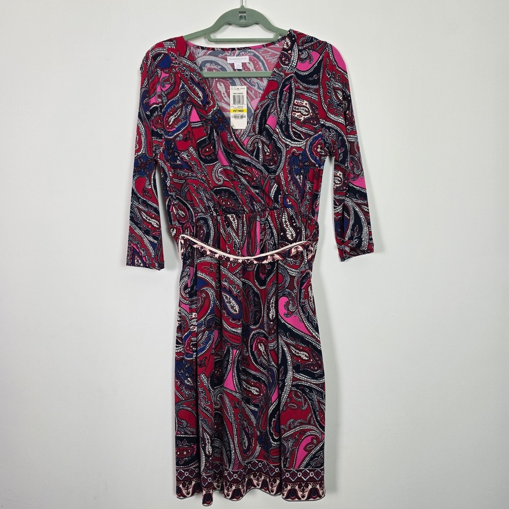 Charter Club Faux Wrap Dress Womens PM Fuchsia Paisley 3/4 Sleeve Knee‎ Length